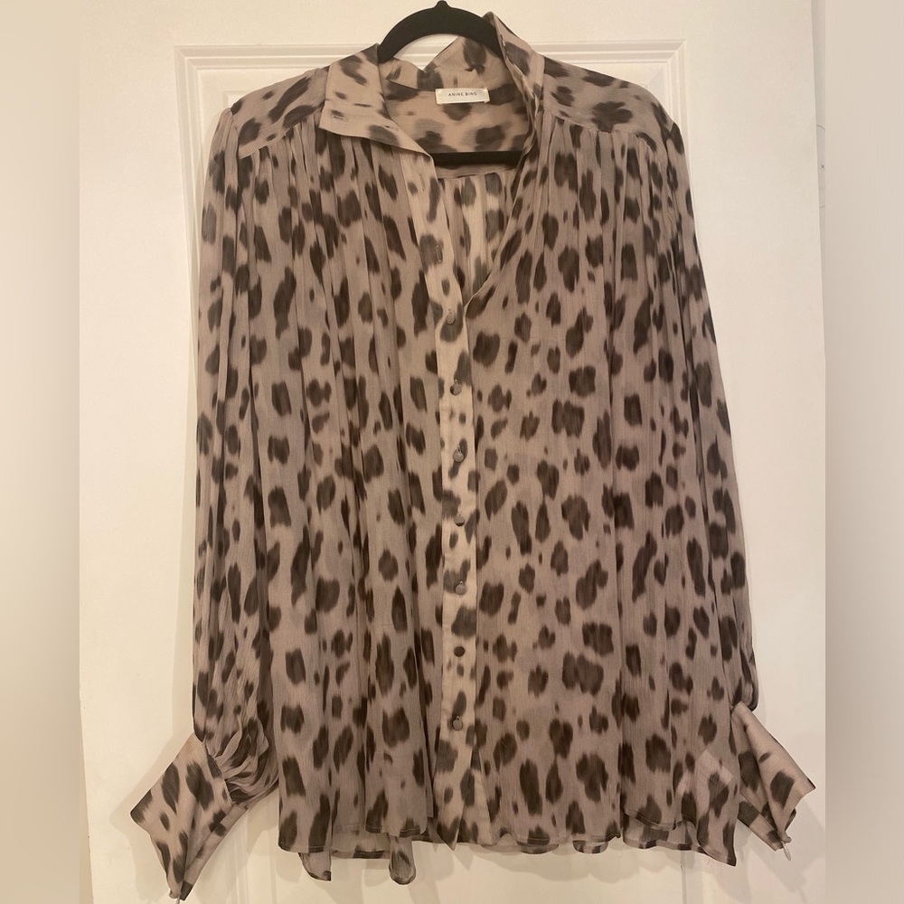 Anine Bing Taupe and Dark Brown Leopard Silk Blouse